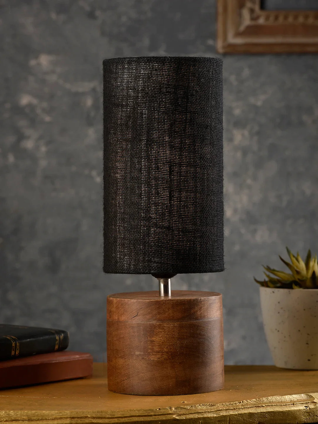 Wooden Log Table Lamp with Black Jute Shade