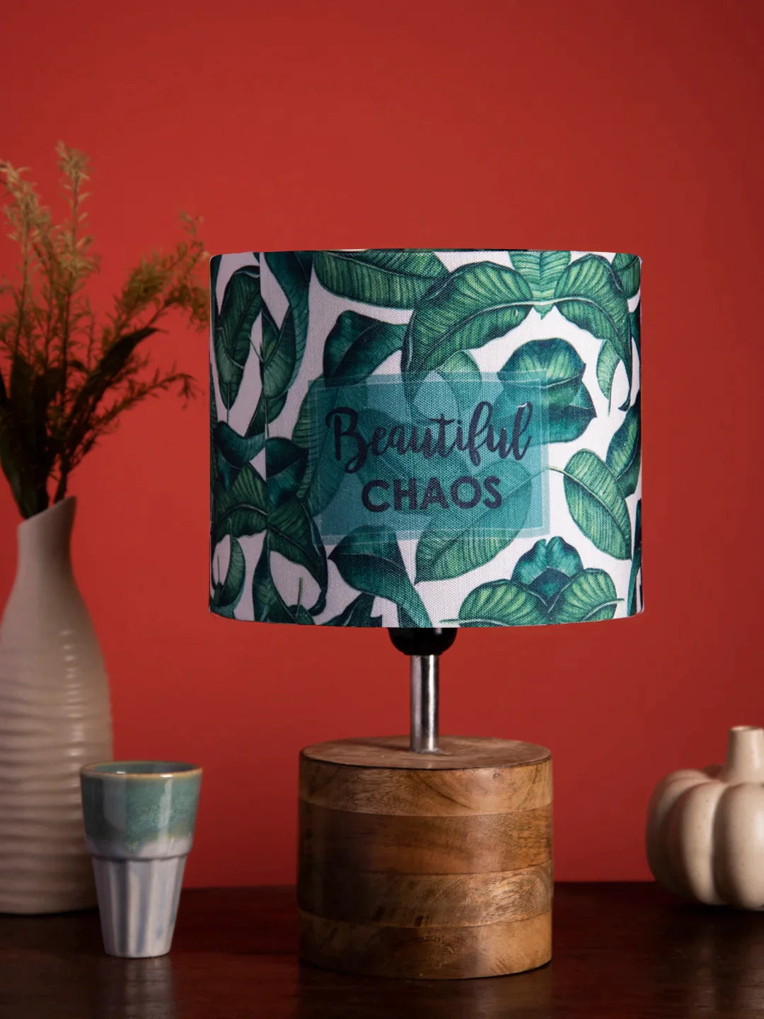 Wooden Brown Log Lamp with Green Chaos Shade