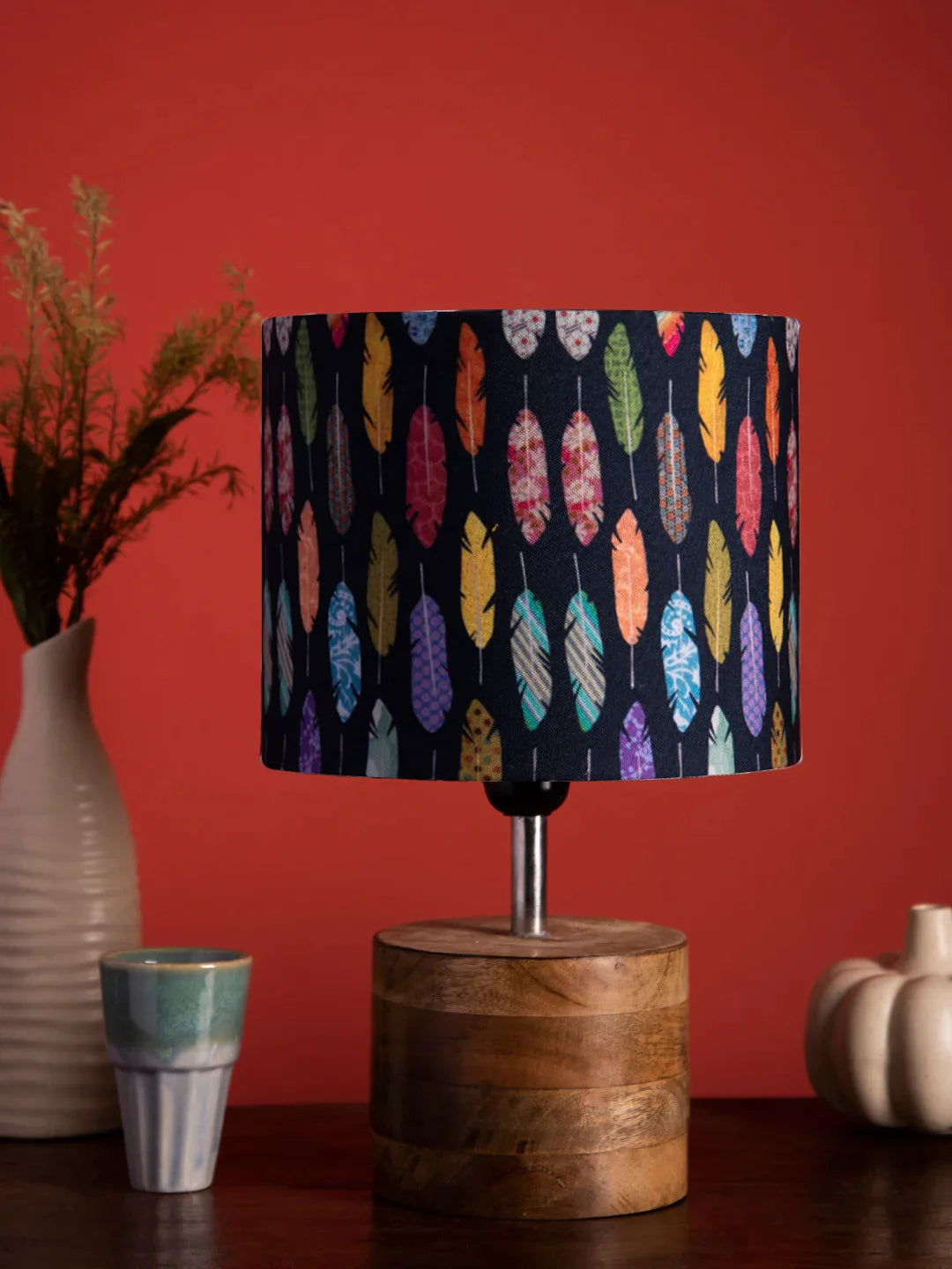 Wooden Brown Log Lamp with Colorful Feathers Shade