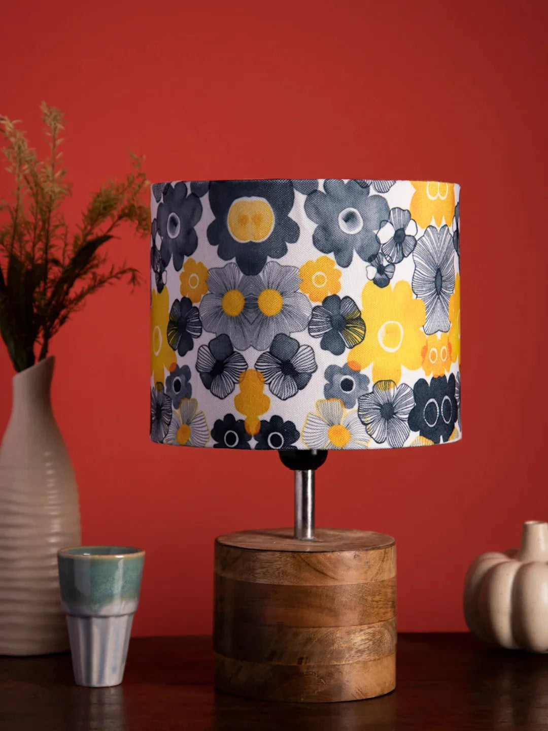 Wooden Brown Log Lamp with Lotus Floral Shade