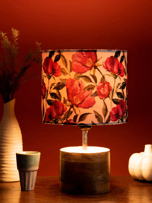 Wooden Brown Log Lamp with Pink Rose Shade