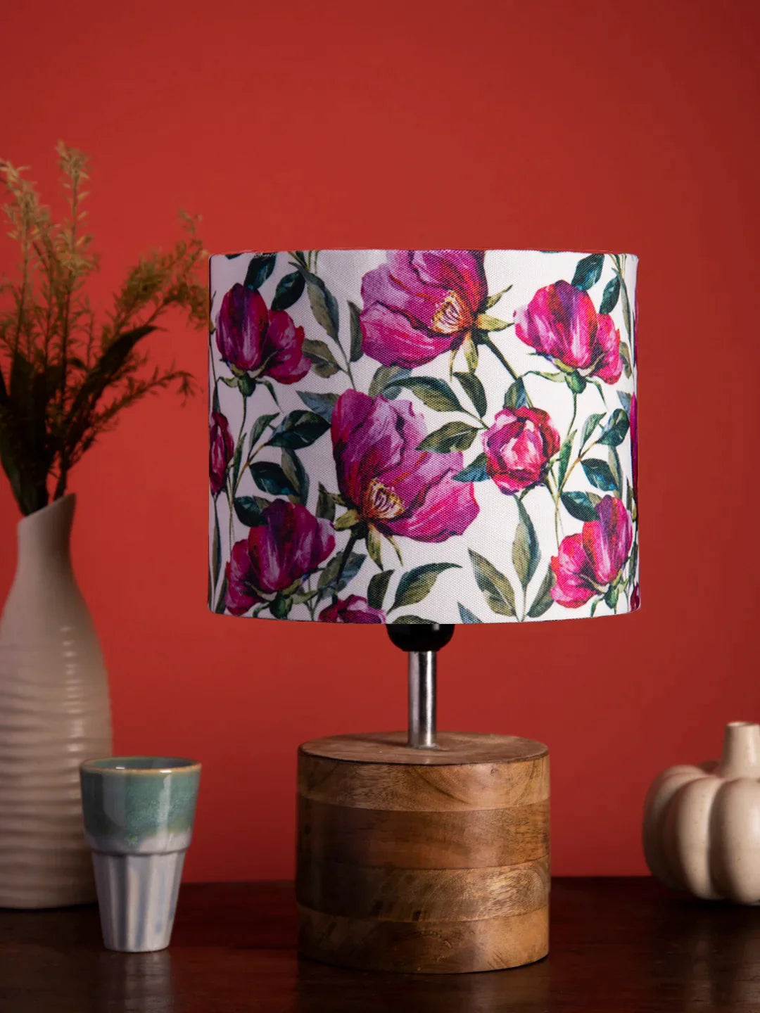 Wooden Brown Log Lamp with Pink Rose Shade