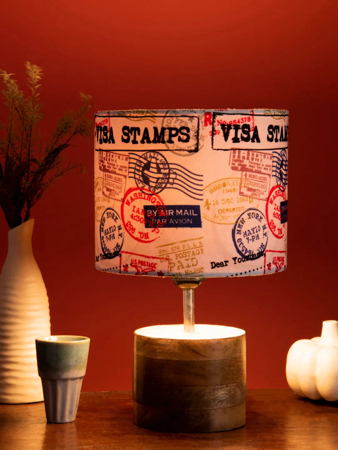 Wooden Brown Log Lamp with Multiple Stamps Shade