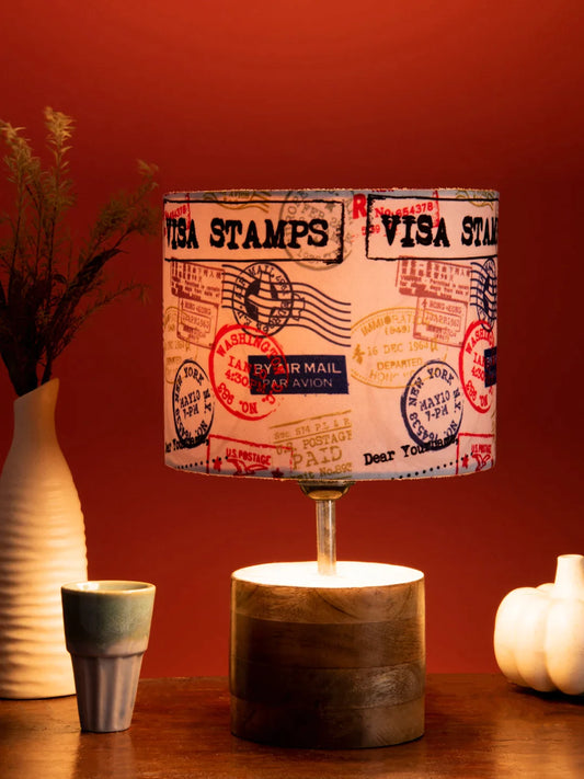 Wooden Brown Log Lamp with Multiple Stamps Shade