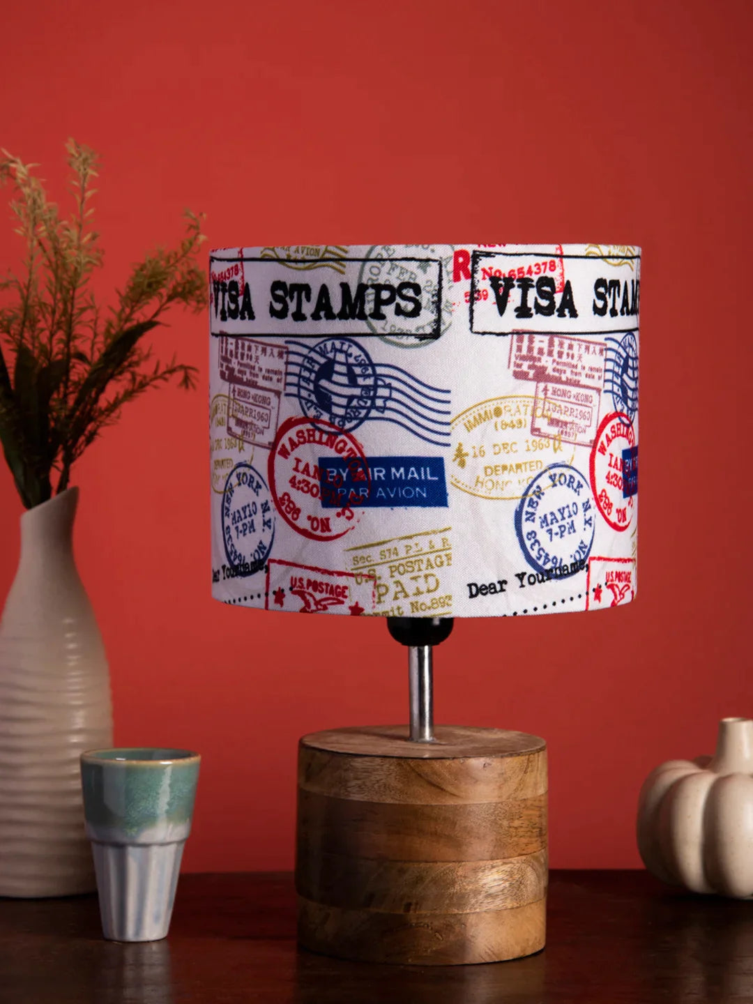 Wooden Brown Log Lamp with Multiple Stamps Shade