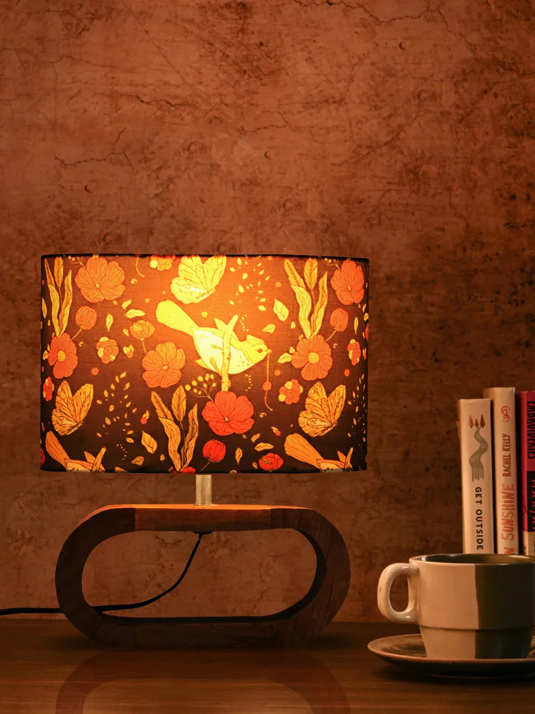 Wooden Oval Lamp with Multicolor Black bird shade