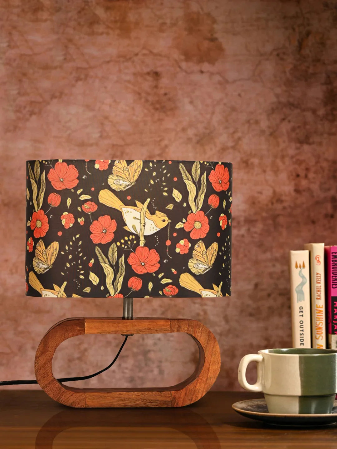 Wooden Oval Lamp with Multicolor Black bird shade