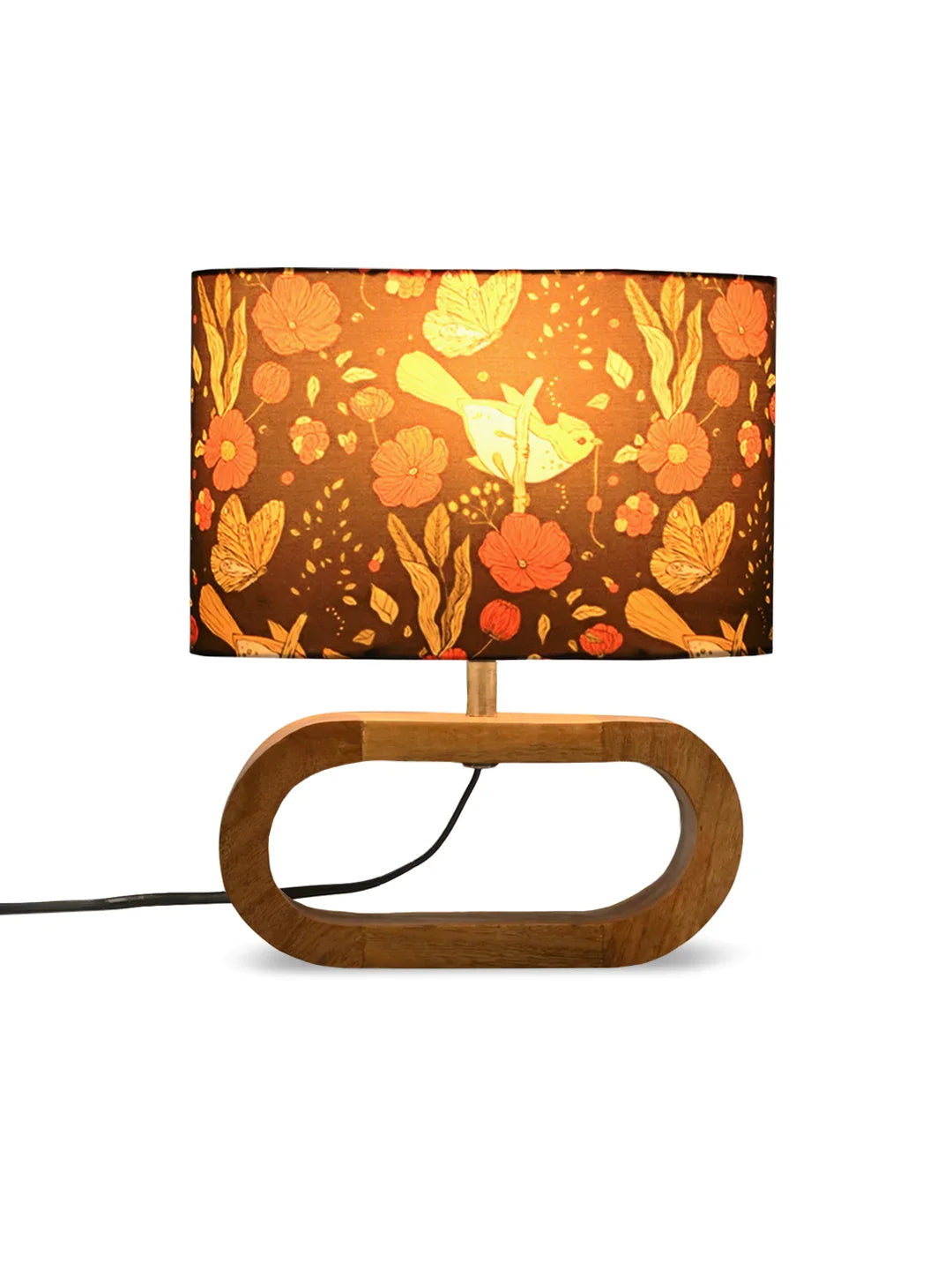 Wooden Oval Lamp with Multicolor Black bird shade