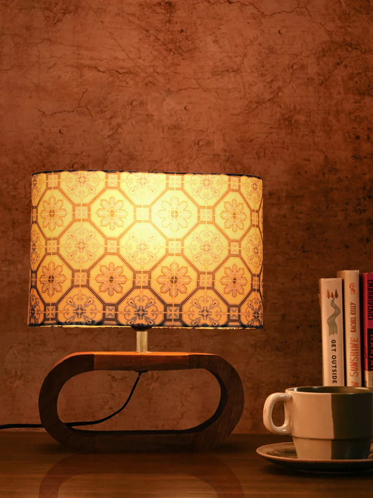 Wooden Oval Lamp with Morrocan Blue tile print shade