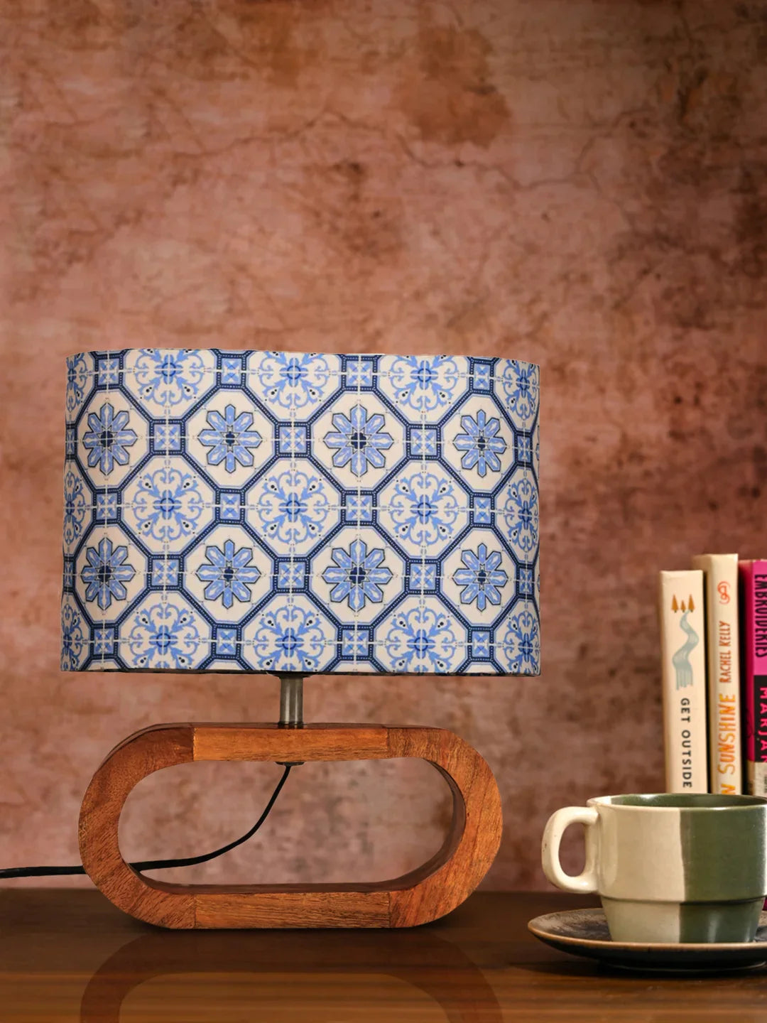 Wooden Oval Lamp with Morrocan Blue tile print shade