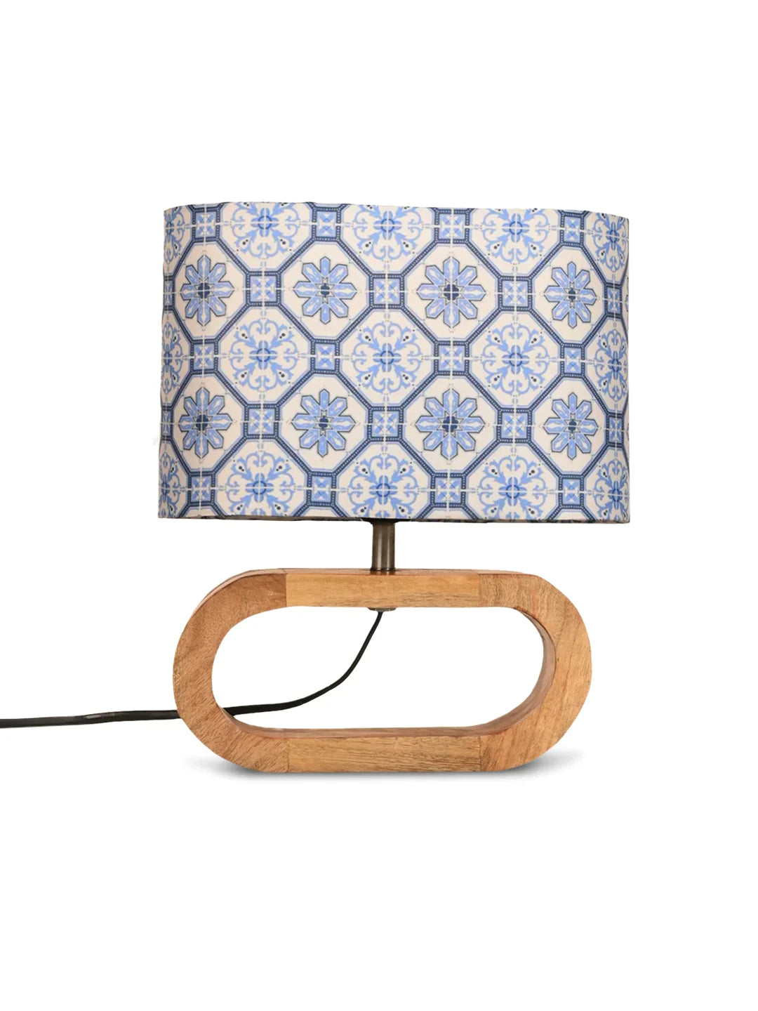 Wooden Oval Lamp with Morrocan Blue tile print shade