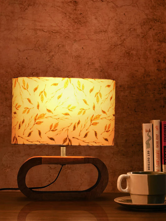 Wooden Oval Lamp with Brown Leafy print shade