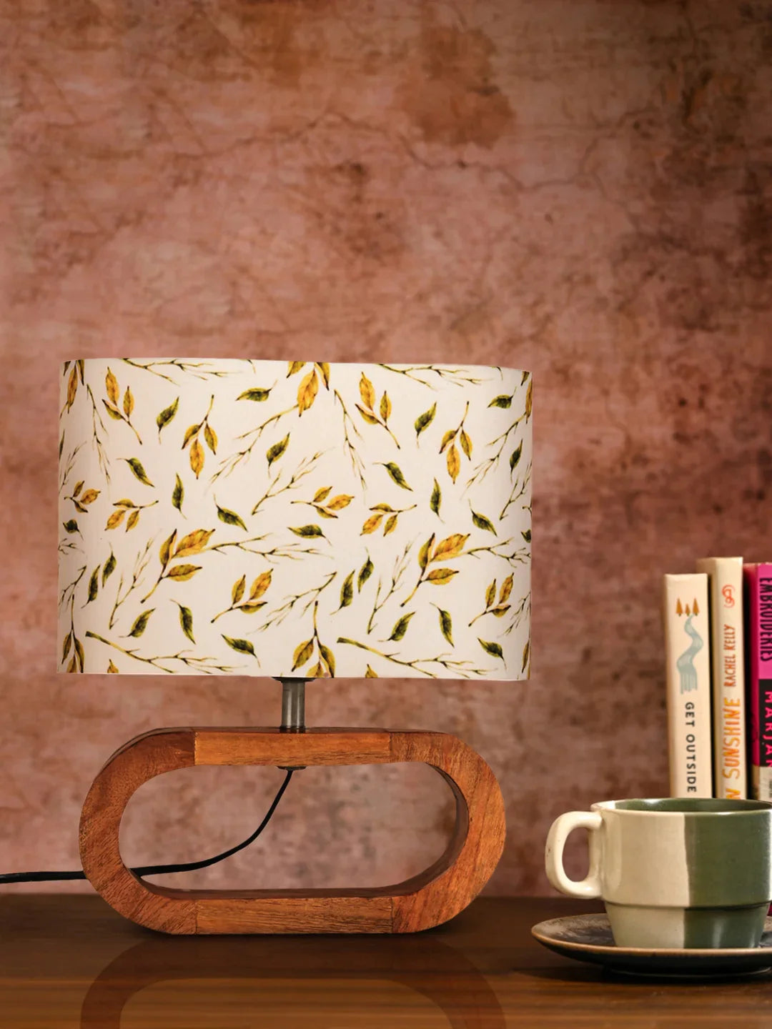 Wooden Oval Lamp with Brown Leafy print shade