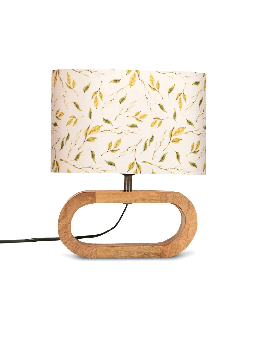 Wooden Oval Lamp with Brown Leafy print shade