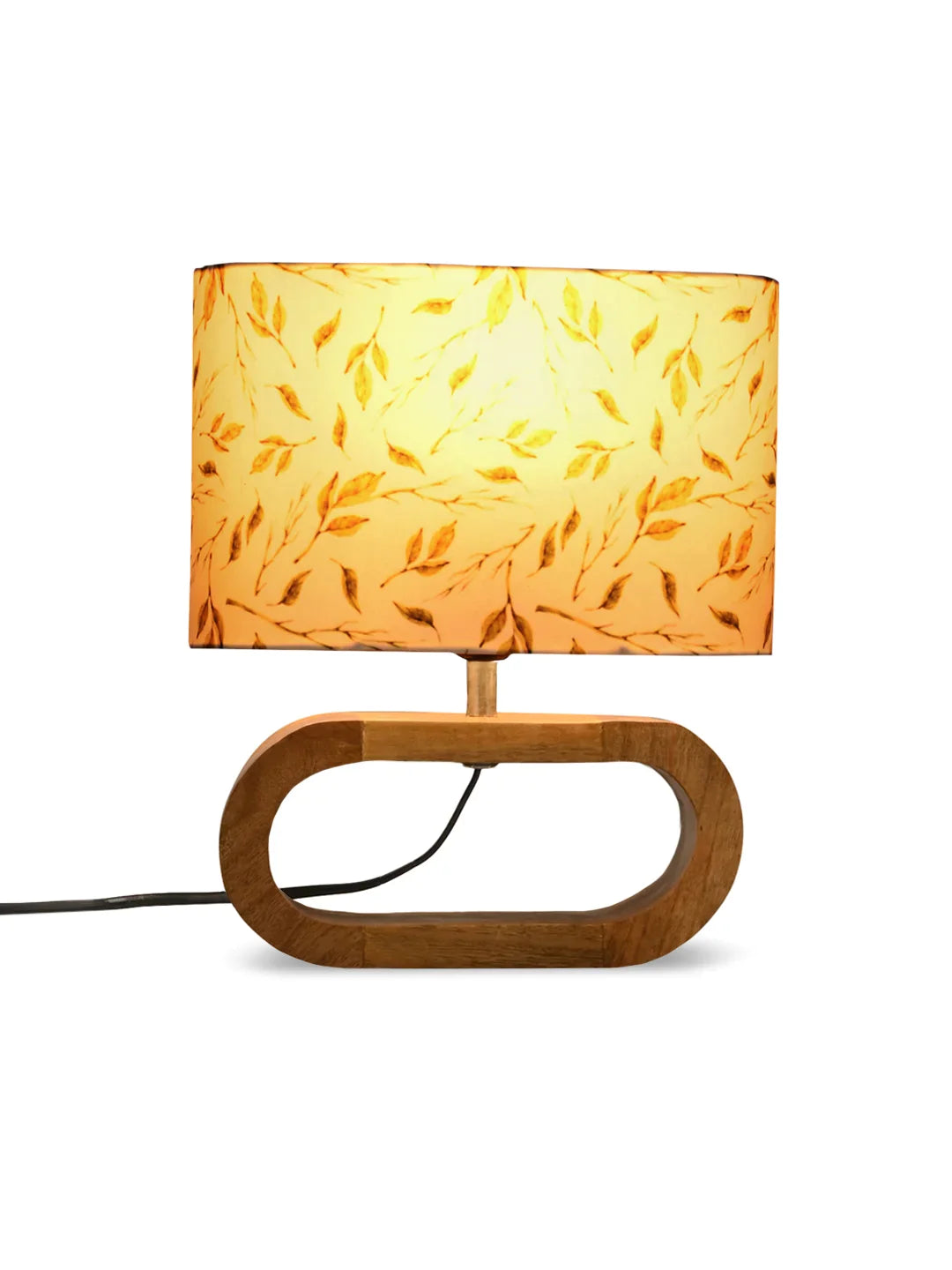 Wooden Oval Lamp with Brown Leafy print shade