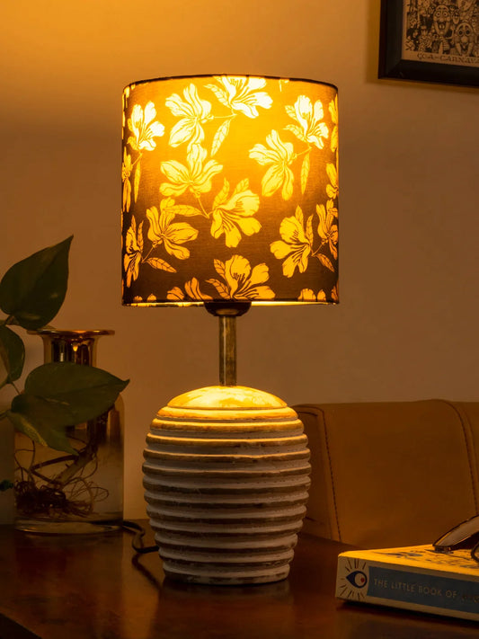 Stripped Distress White Lamp with Black Floral multicolor shade