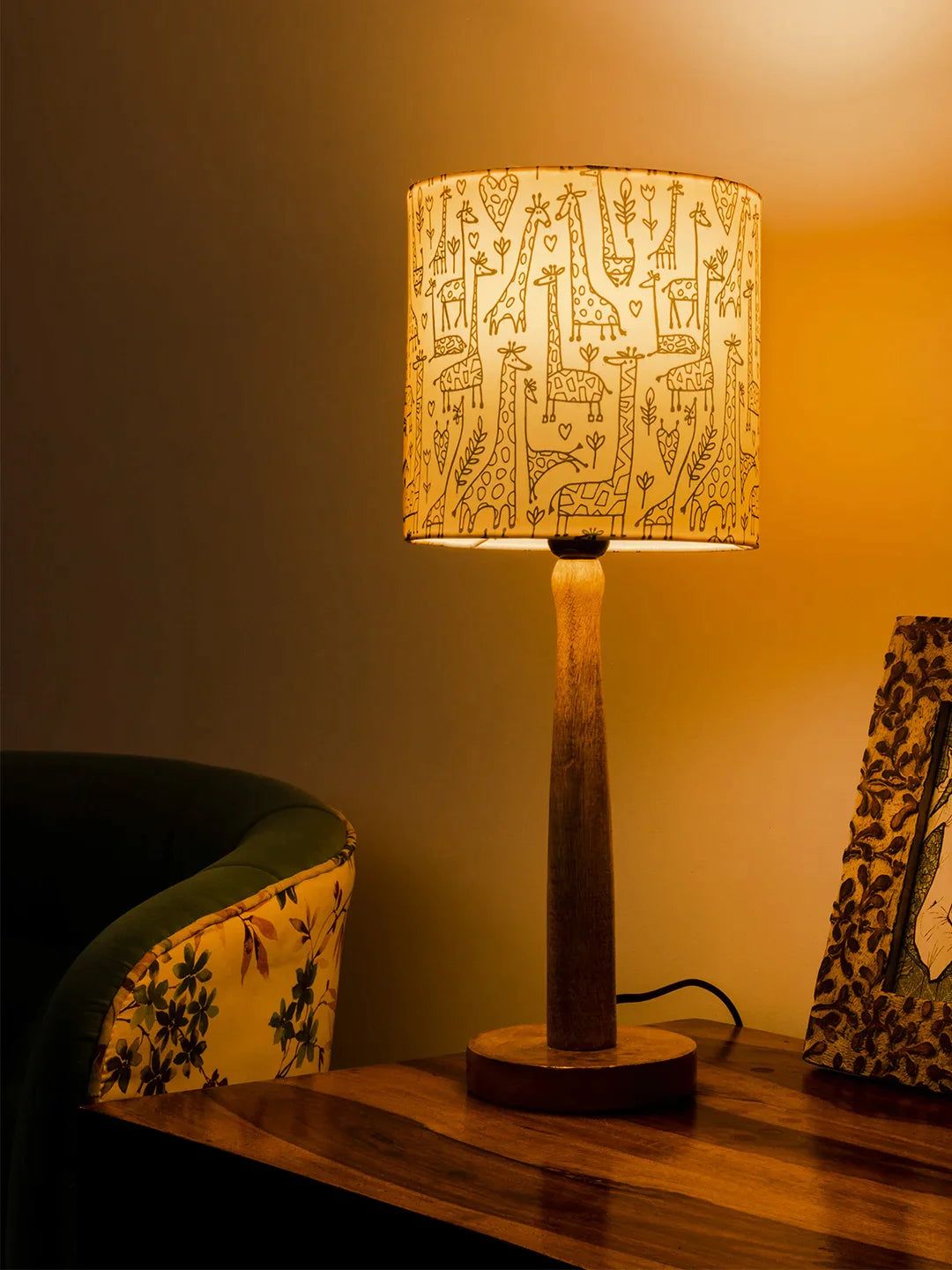 Wooden Brown Lamp with Animal Print Shade