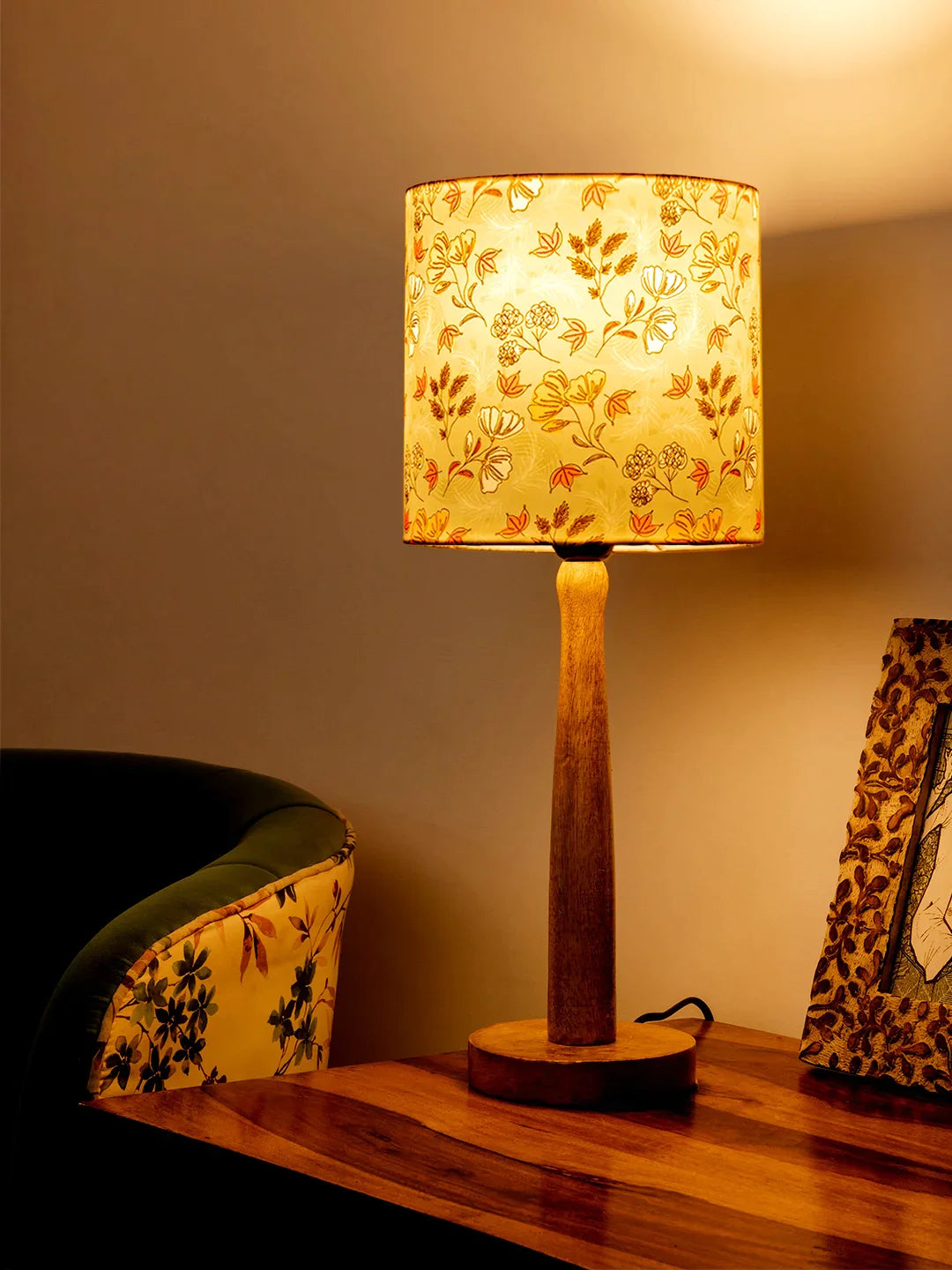 Wooden Brown Lamp with Blue Gardenia Shade