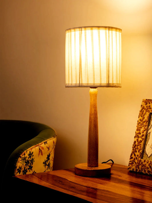 Wooden Brown Lamp with pleeted White Shade