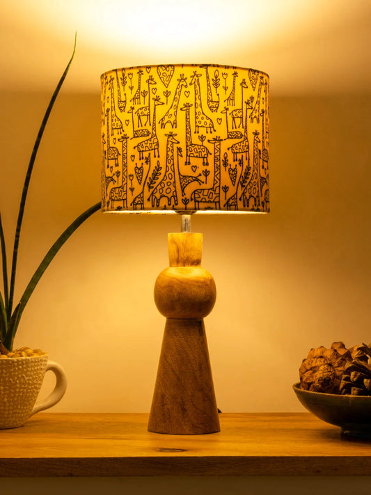 Wooden Skirt Lamp with Multicolor Animal Print Shade