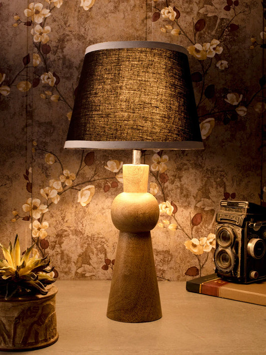 Wooden Skirt Lamp with White Black Shade