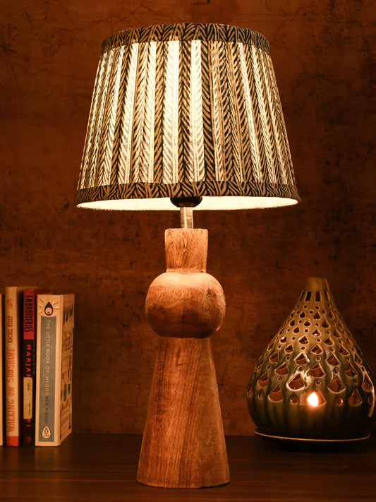 Wooden Skirt Table Lamp with Pleeted Colorful Grey Taper Shade