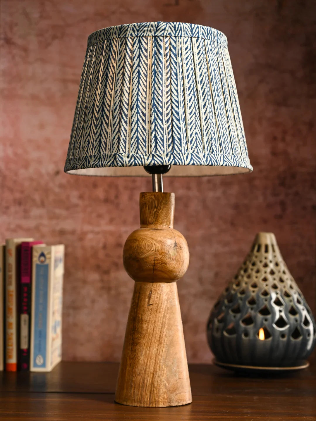 Wooden Skirt Table Lamp with Pleeted Colorful Grey Taper Shade
