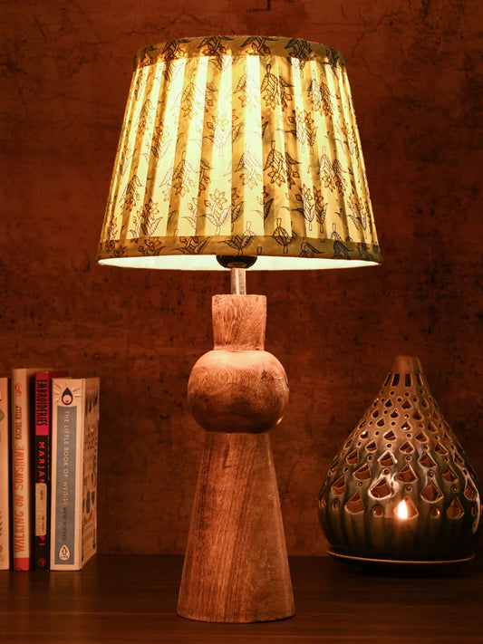 Wooden Skirt Table Lamp with Pleeted Colorful Lemon Taper Shade