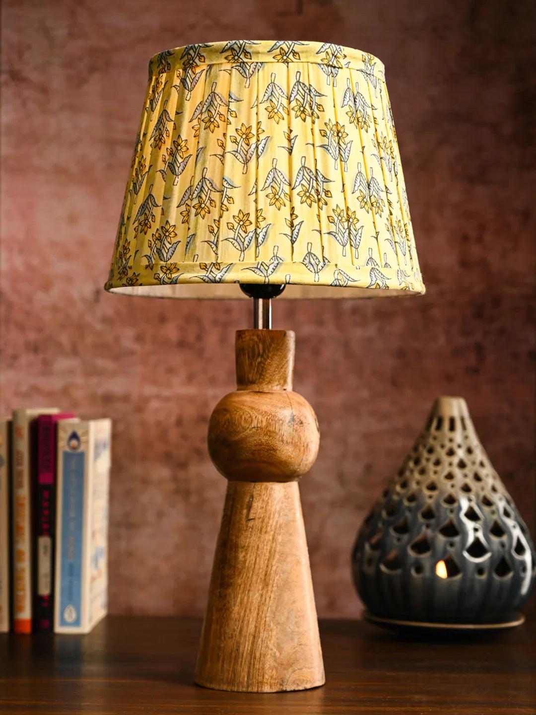 Wooden Skirt Table Lamp with Pleeted Colorful Lemon Taper Shade