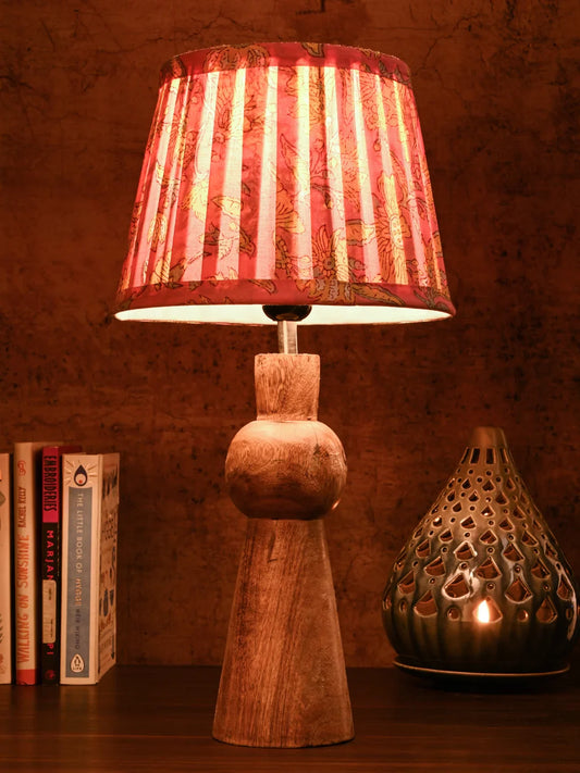 Wooden Skirt Table Lamp with Pleeted Colorful Pink Taper Shade