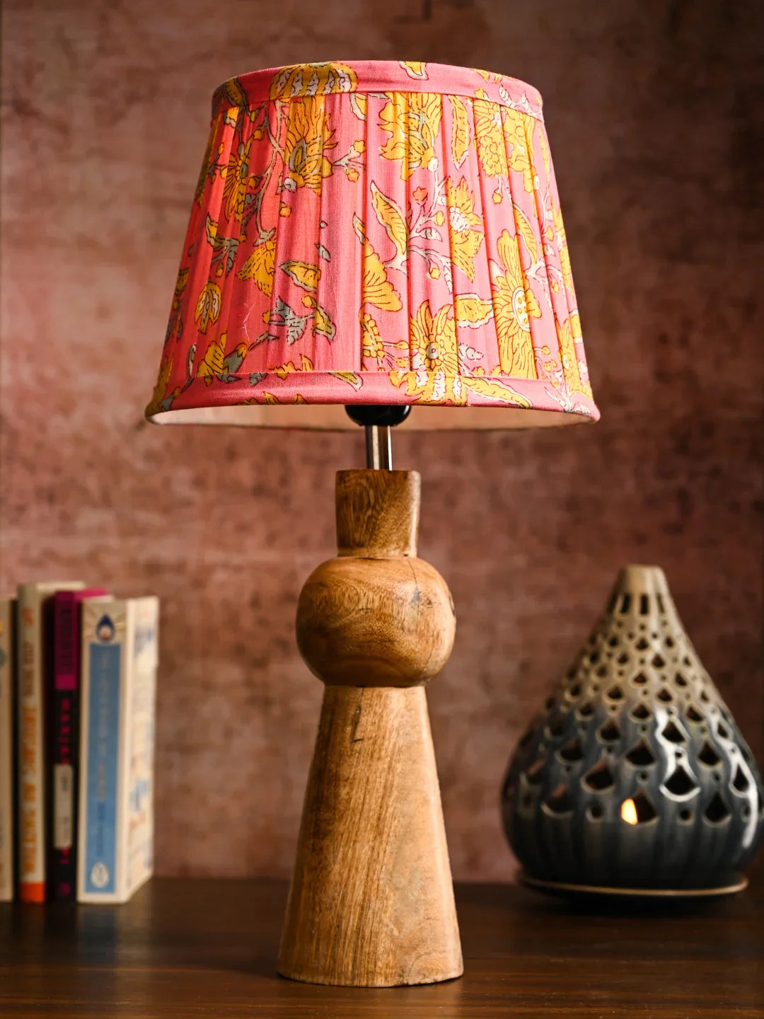 Wooden Skirt Table Lamp with Pleeted Colorful Pink Taper Shade