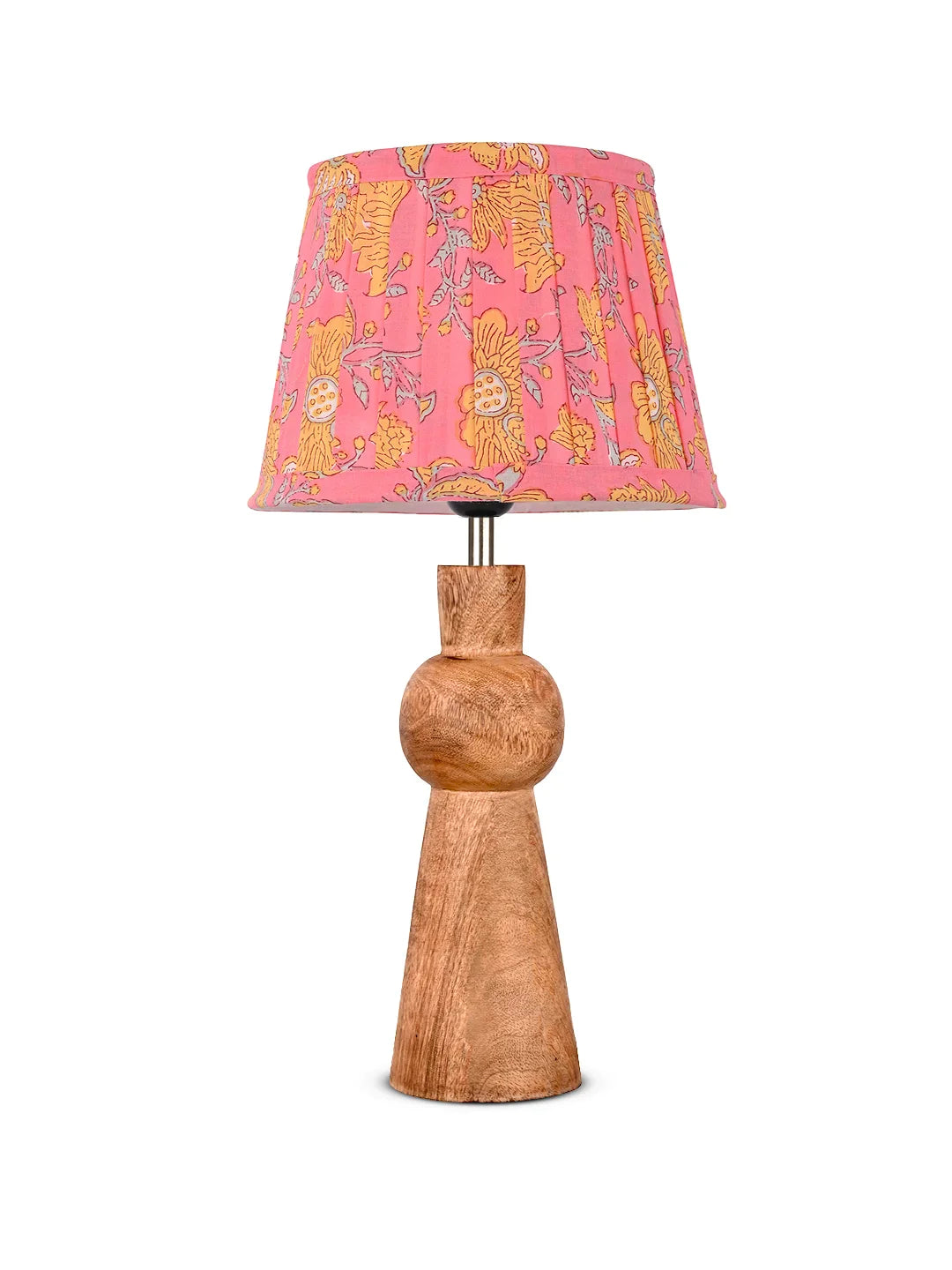 Wooden Skirt Table Lamp with Pleeted Colorful Pink Taper Shade