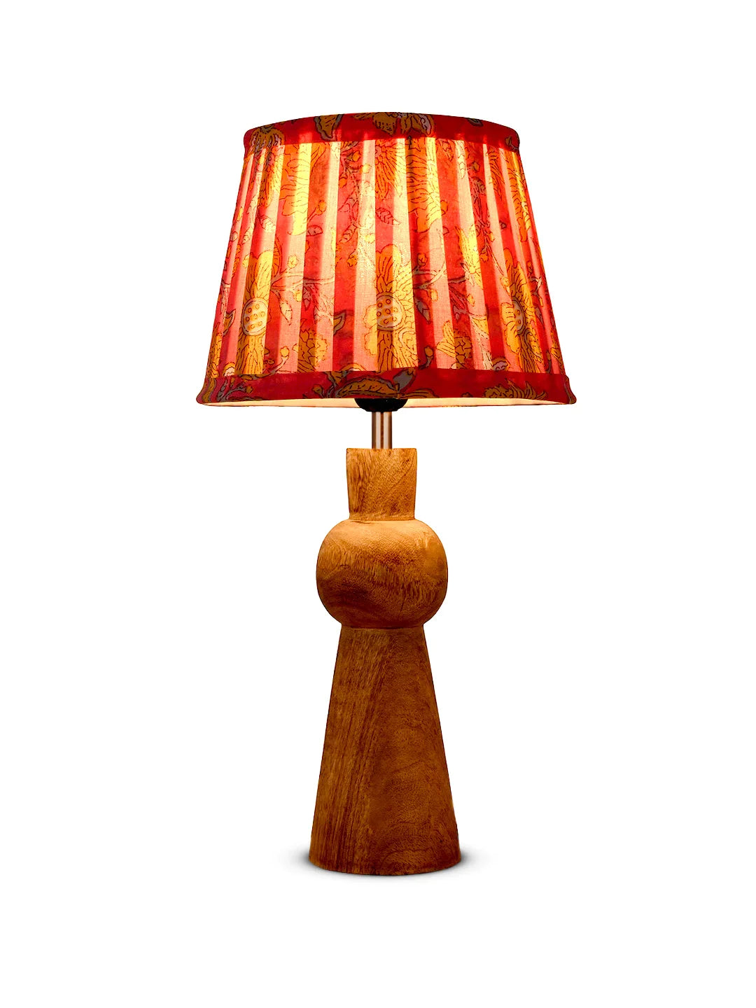 Wooden Skirt Table Lamp with Pleeted Colorful Pink Taper Shade