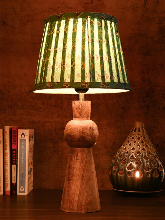 Wooden Skirt Table Lamp with Pleeted Colorful Turquoise Taper Shade