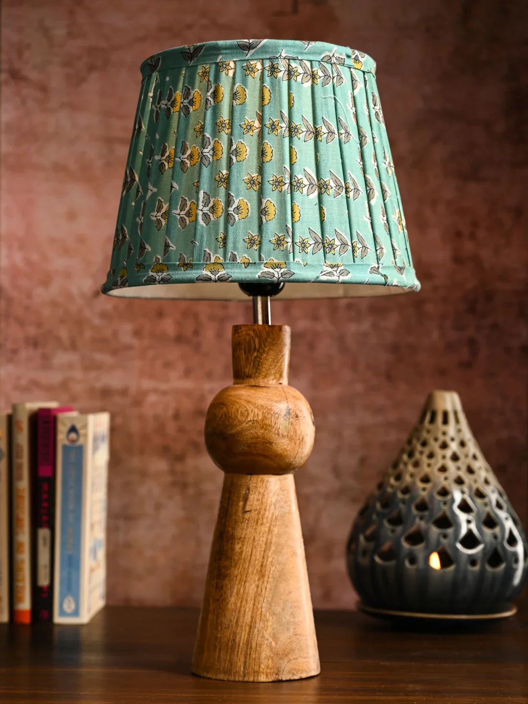 Wooden Skirt Table Lamp with Pleeted Colorful Turquoise Taper Shade