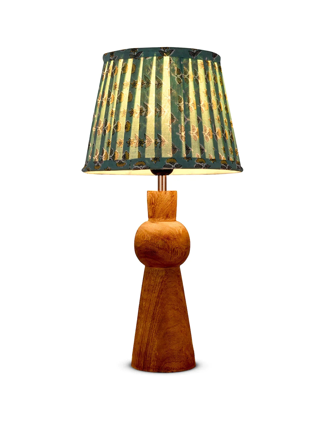 Wooden Skirt Table Lamp with Pleeted Colorful Turquoise Taper Shade