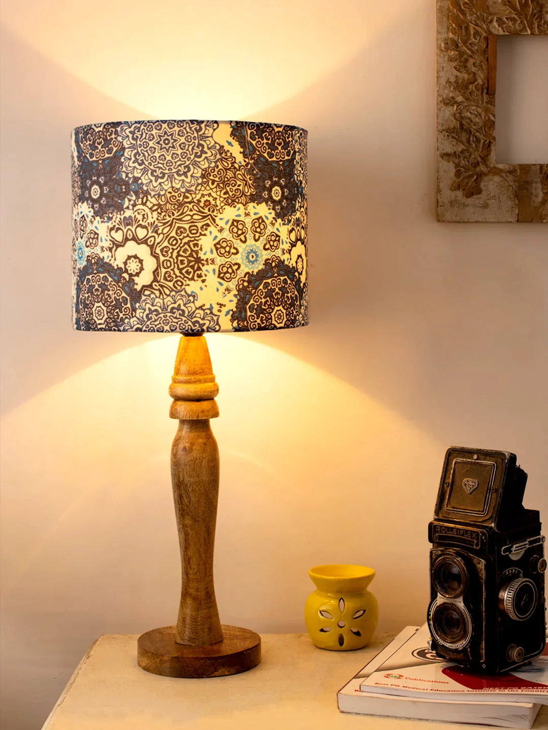 Wooden Round Lamp with Blue Batik Lamp Shade