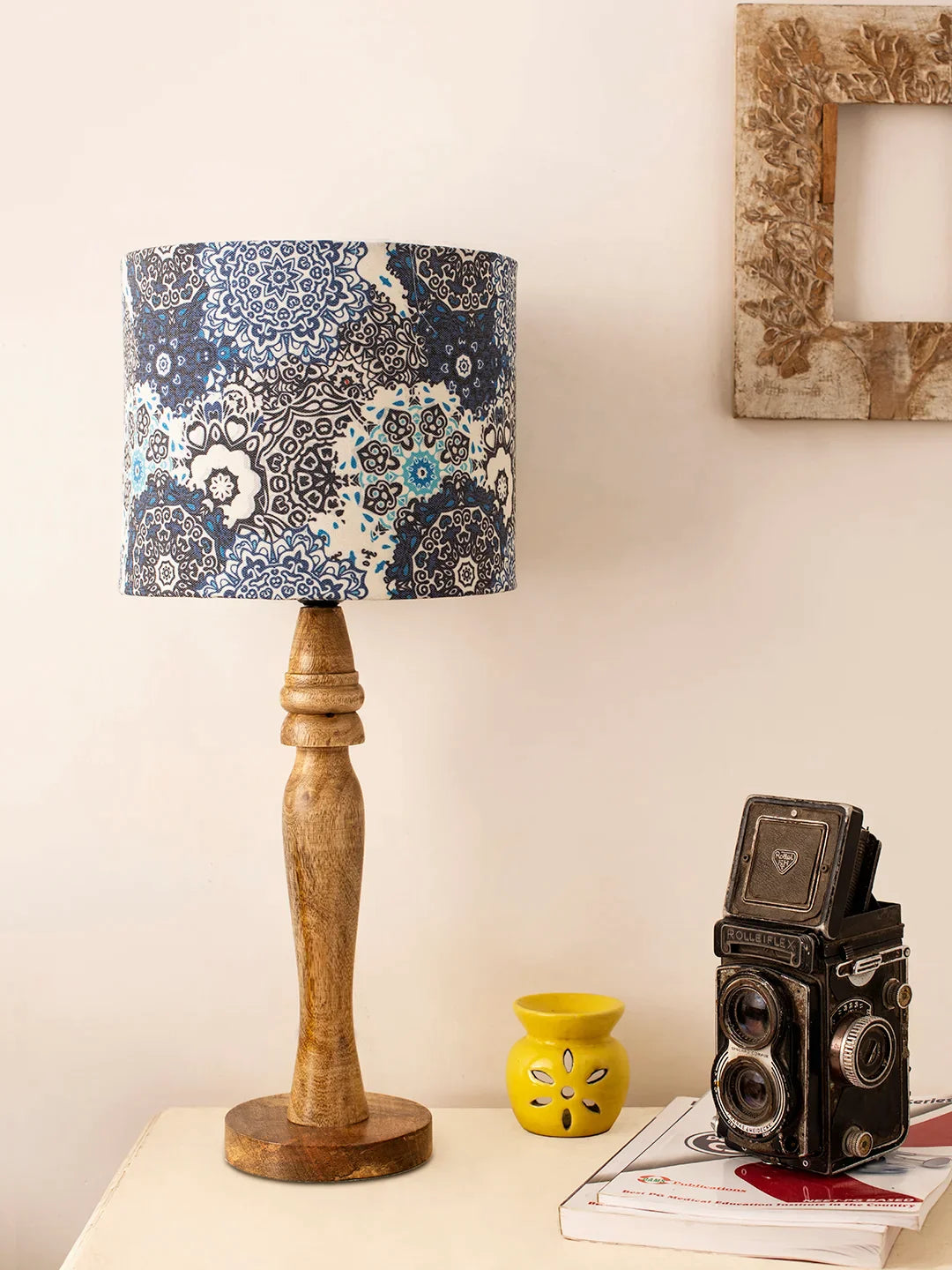 Wooden Round Lamp with Blue Batik Lamp Shade