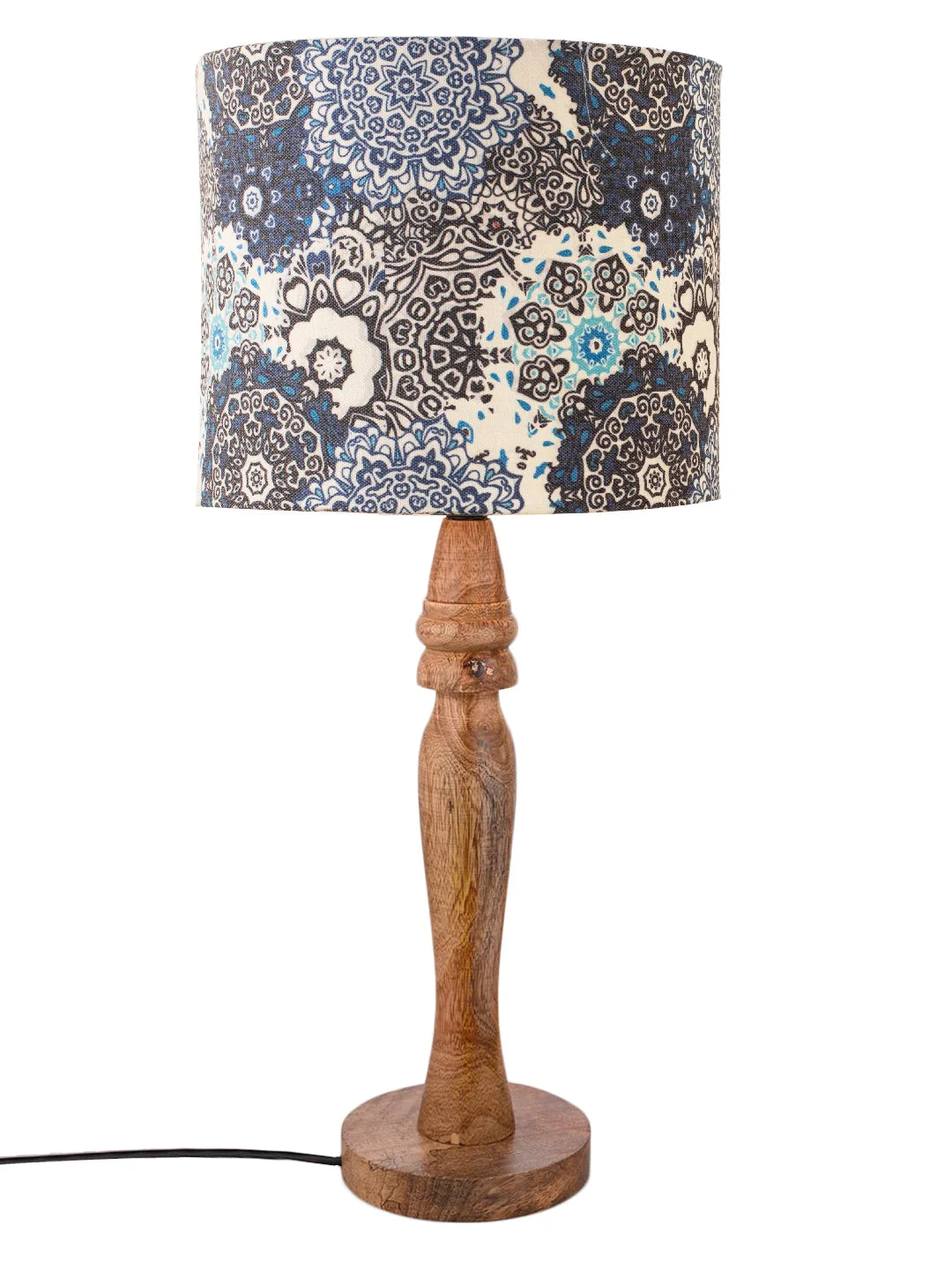 Wooden Round Lamp with Blue Batik Lamp Shade