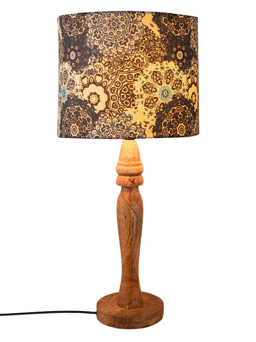 Wooden Round Lamp with Blue Batik Lamp Shade