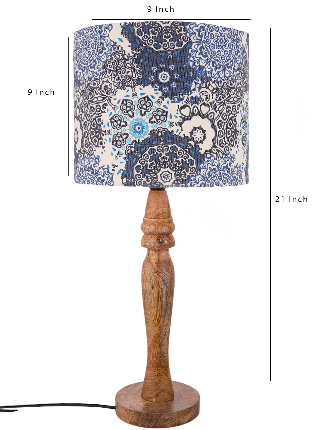 Wooden Round Lamp with Blue Batik Lamp Shade