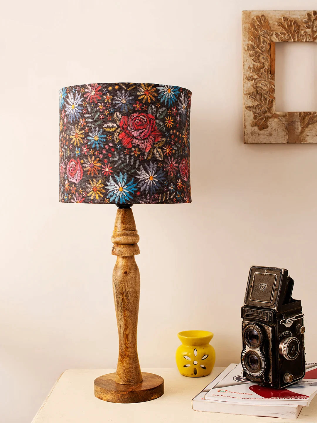 Wooden Round Lamp with Black Floral Stich Lamp Shade