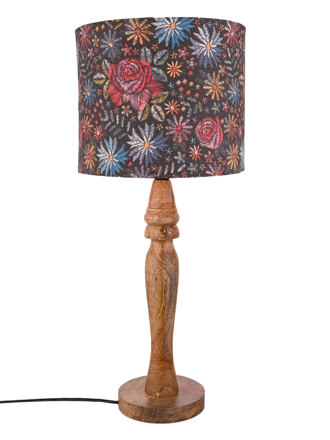 Wooden Round Lamp with Black Floral Stich Lamp Shade