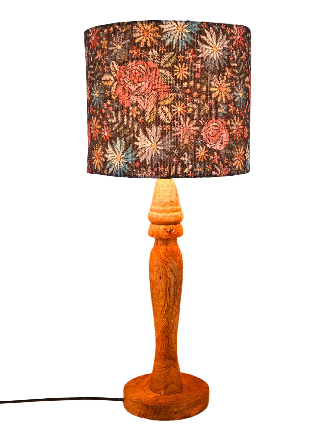 Wooden Round Lamp with Black Floral Stich Lamp Shade