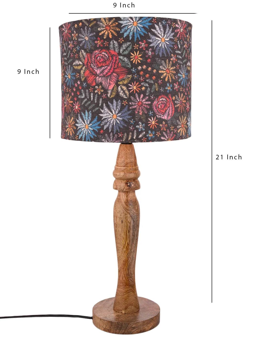 Wooden Round Lamp with Black Floral Stich Lamp Shade