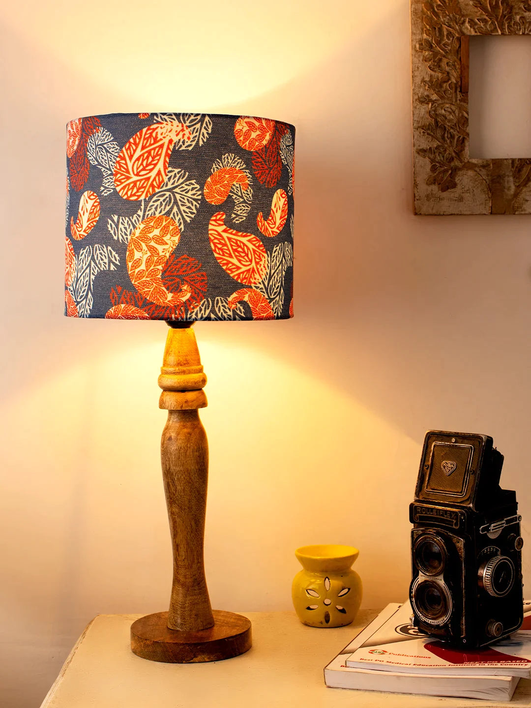 Wooden Round Lamp with Colorful Ambee Lamp Shade