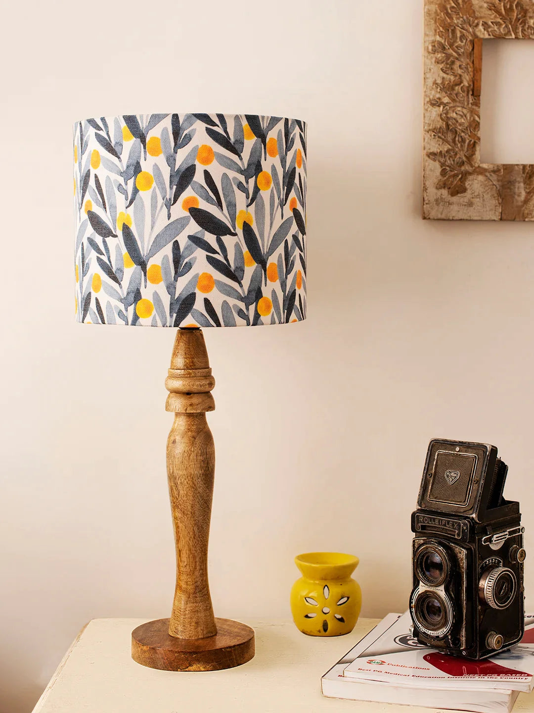 Wooden Round Lamp with Leafy Print Lamp Shade