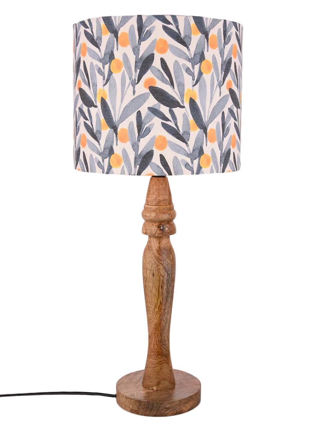 Wooden Round Lamp with Leafy Print Lamp Shade