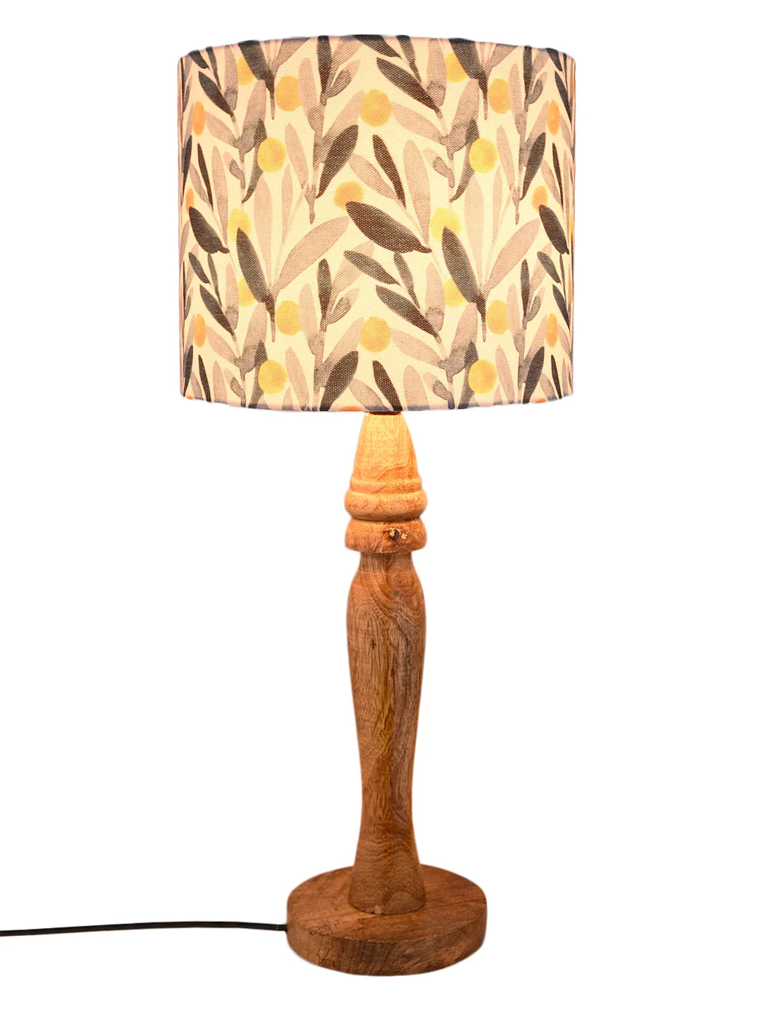 Wooden Round Lamp with Leafy Print Lamp Shade