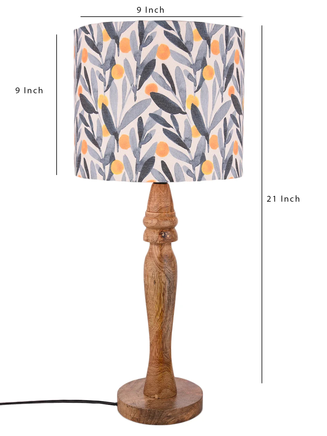 Wooden Round Lamp with Leafy Print Lamp Shade